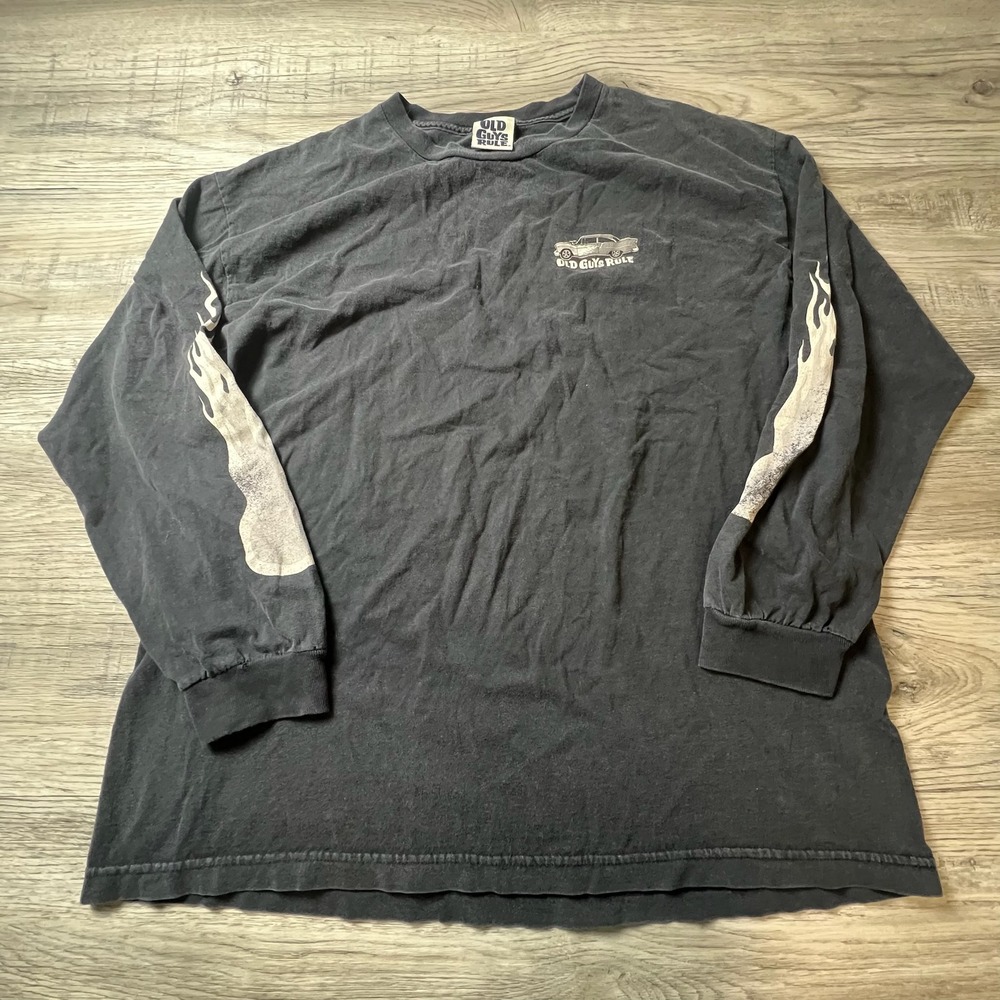 Old Guys Rule Long Sleeve Shirt Mens XL Black Hot Rod Flames Graphic Distressed